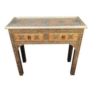 Moroccan Cedar Wood Frame Metal Inlay Console Table For Sale