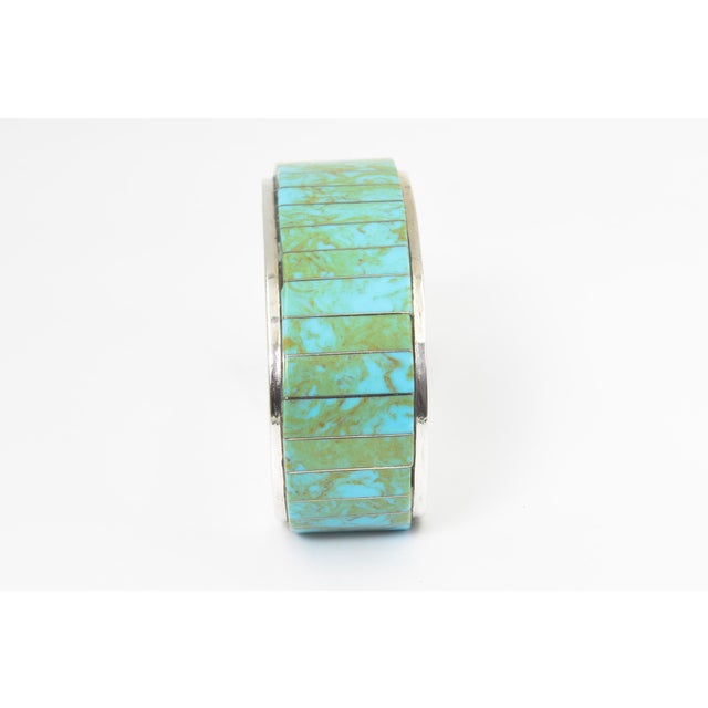 Vintage Teme Southwestern Turquoise Channel Inlay Sterling Silver Cuff for a Man or Large Woman's Wrist For Sale - Image 10 of 11