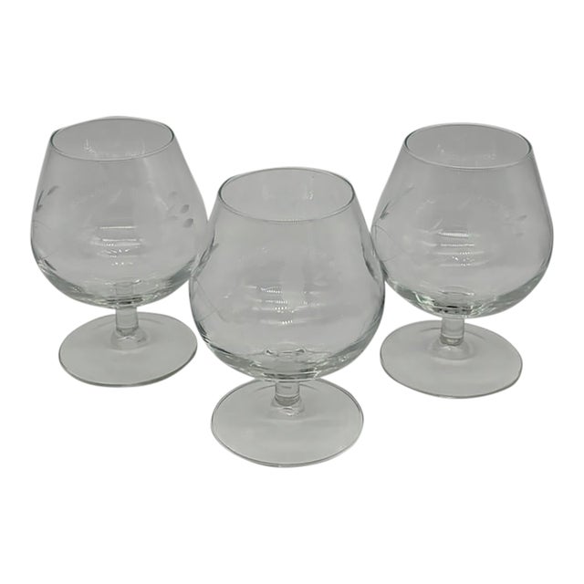 Vintage Princess House Crystal Brandy Snifters Heritage Pattern Etched Set of 3 Glasses For Sale