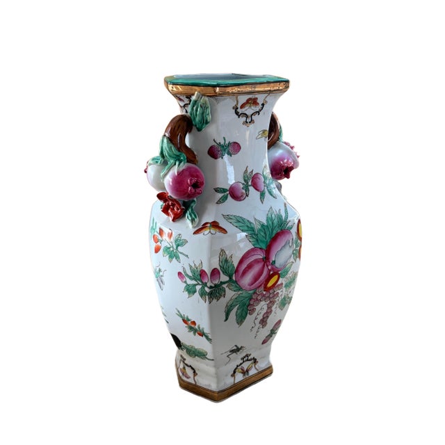 Pair of Famille Rose Vases Pomegranate Handles For Sale - Image 10 of 13