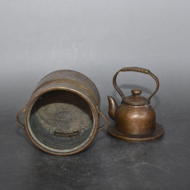 Vintage Solid Bronze Wine / Teapot With Integrated Charcoal Stove, Antique Chinese Warming Kettle Set, Chinoiserie Tabletop Decor For Sale In Los Angeles - Image 6 of 9
