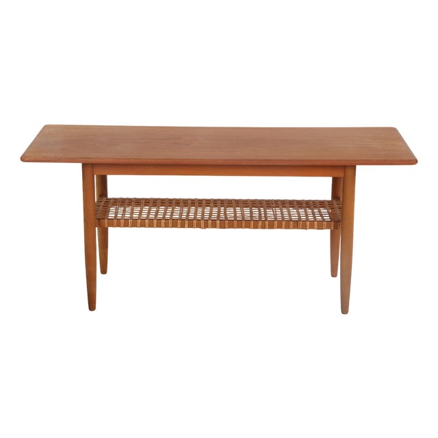 Danish Teak with Woven Shelf Coffee Table, 1950s For Sale