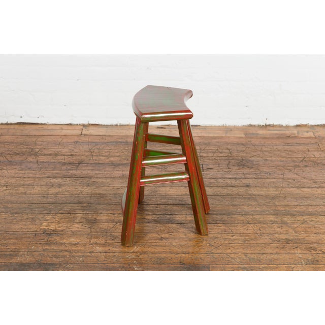 Japanese Late Meiji Period Red and Green Lacquered Stool with Semicircular Seat For Sale - Image 11 of 13