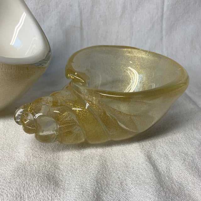 Glass Vintage Murano Seguso Gold Fleck Aventurine Hand Blown Art Glass Conch Shells - Pair For Sale - Image 7 of 9