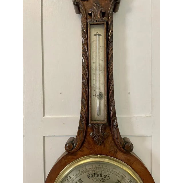 Antique Victorian Carved Banjo Barometer in Burr Walnut, 1860 For Sale - Image 6 of 12