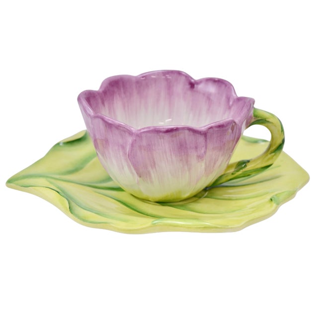Italian ceramic flower cup and leaf saucer made by Vietri of Italy as part of the Water Garden Collection hand painted in...