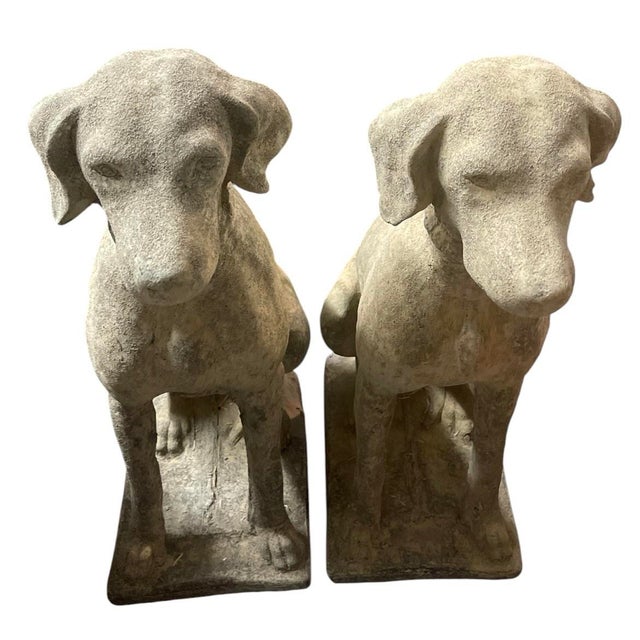 2000 - 2009 Pair of Vintage Weathered Cast Stone Seated Hound Garden Statues For Sale - Image 5 of 11