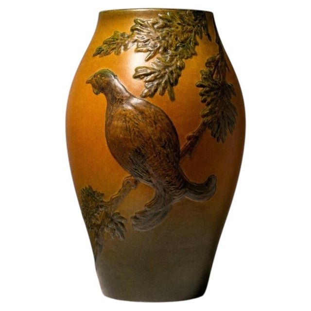 Danish Art Nouveau Stoneware Vase with Bird and Oak Branch Relief from Ipsen, 1920s For Sale - Image 9 of 9