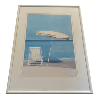 Vintage Elizabeth Horowitz "A Beach Chair and Pink Umbrella" 1980s Lithograph Coastal For Sale