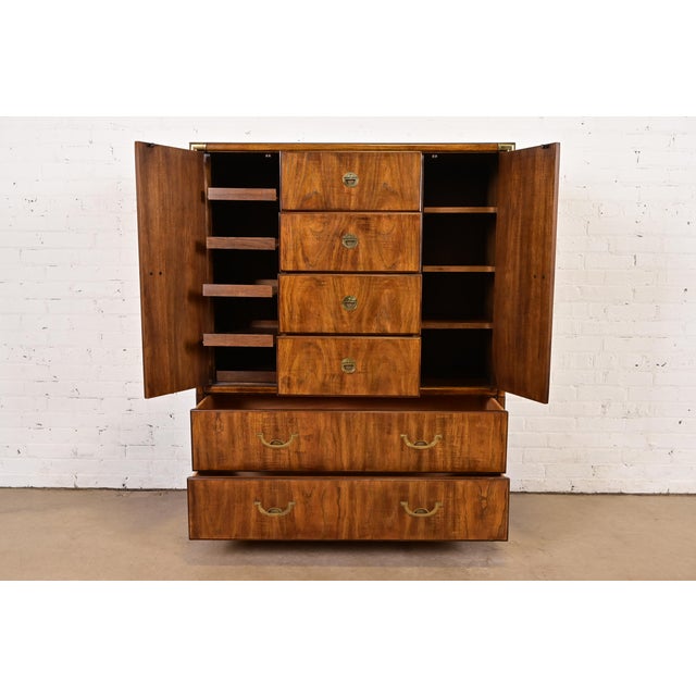 1970s Drexel Heritage Hollywood Regency Campaign Walnut Gentleman's Chest or Armoire Dresser For Sale - Image 5 of 12