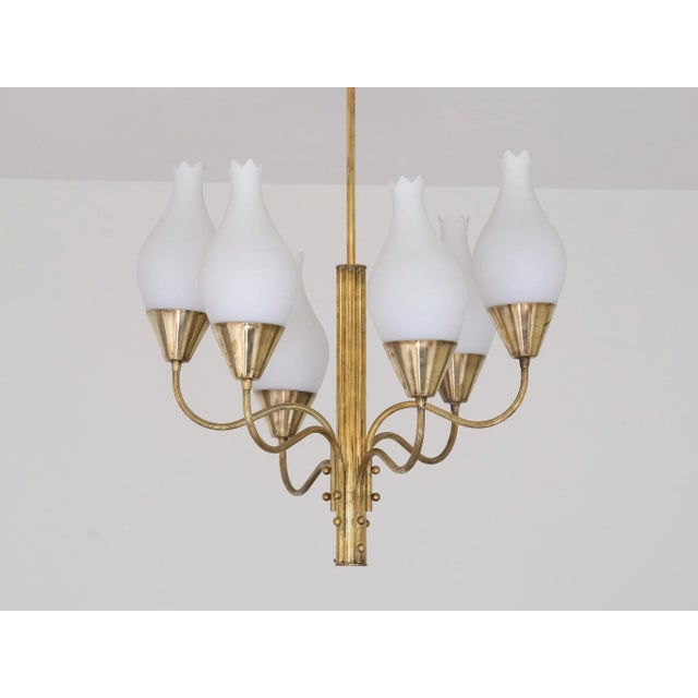 Mid-Century Modern Six Arm Chandelier in Brass and Opal Glass by Edvard Hagman, Sweden, 1956 For Sale - Image 3 of 12