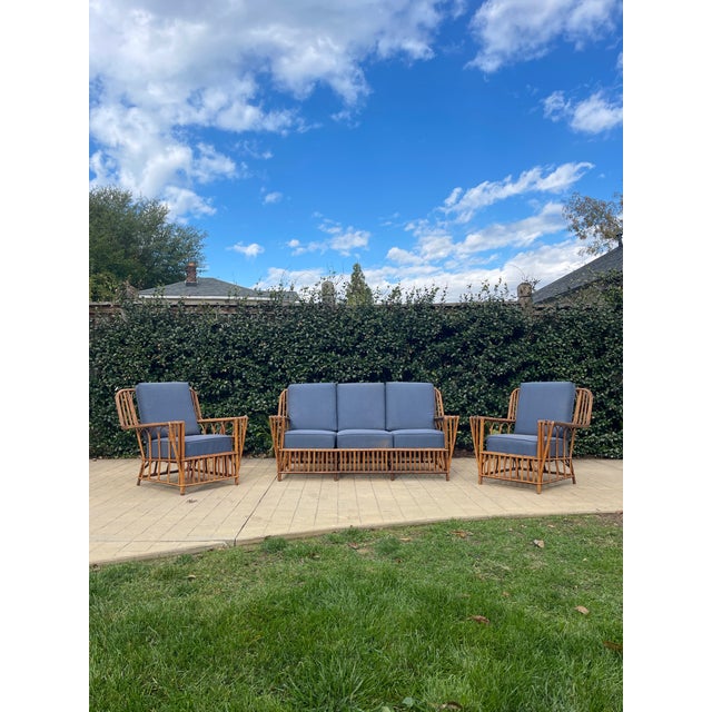 Heywood-Wakefield 1930s Attributed to Heywood-Wakefield Stick Rattan Art Deco 3-Piece Suite (Sofa + Pair of Lounge Chairs Set) For Sale - Image 4 of 8