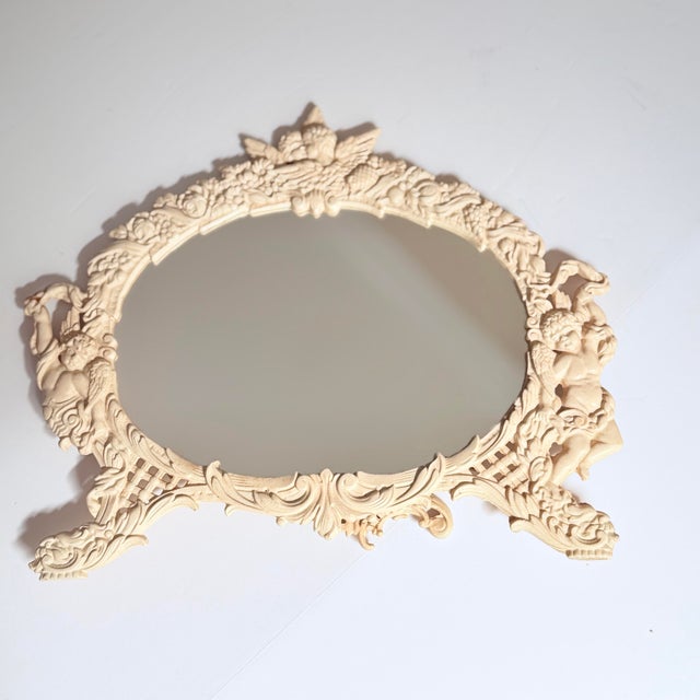 French Provincial Vintage Cast Iron Rococo-Style Vanity/Easel Mirror, Cherub & Floral Crest For Sale - Image 3 of 10