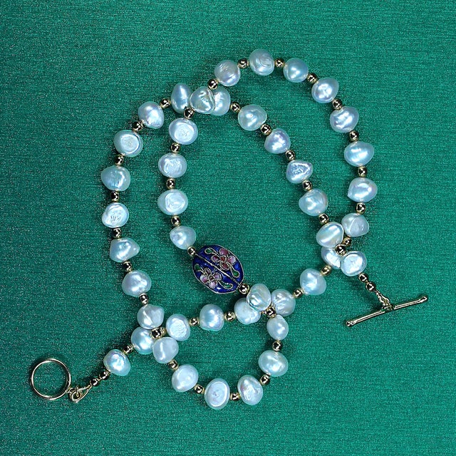 2020s Ajd 19 Inch Double Shine White Pearl Necklace With Cloisonné Focal For Sale - Image 5 of 6