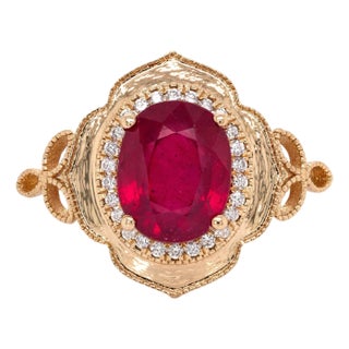 Heirloom 3.7cts Statement Madagascar Ruby Ring: Natural Diamonds, 14k Solid Gold For Sale