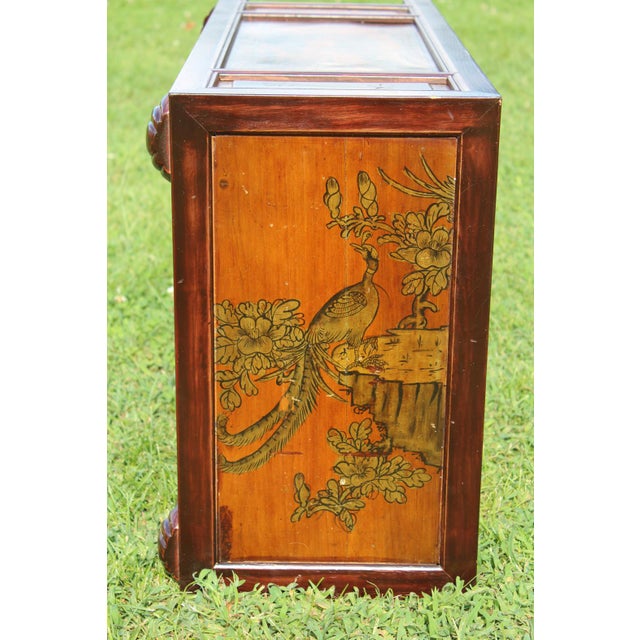 1980s Chinoiserie Cabinet With Carved and Painted Panels For Sale - Image 12 of 17