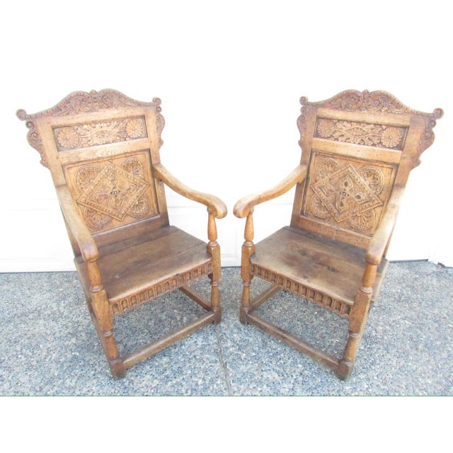 Antique Pair of English Jacobean Style Oak Armchairs For Sale - Image 18 of 18