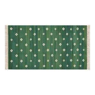 Handmade Cotton Forest Green Diamond Runner, Green and White -2.5'x12' For Sale