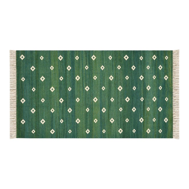 Handmade Cotton Forest Green Diamond Runner, Green and White -2.5'x12' For Sale