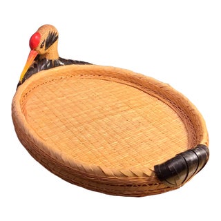 Vintage Asian Crane Wicker Tray For Sale