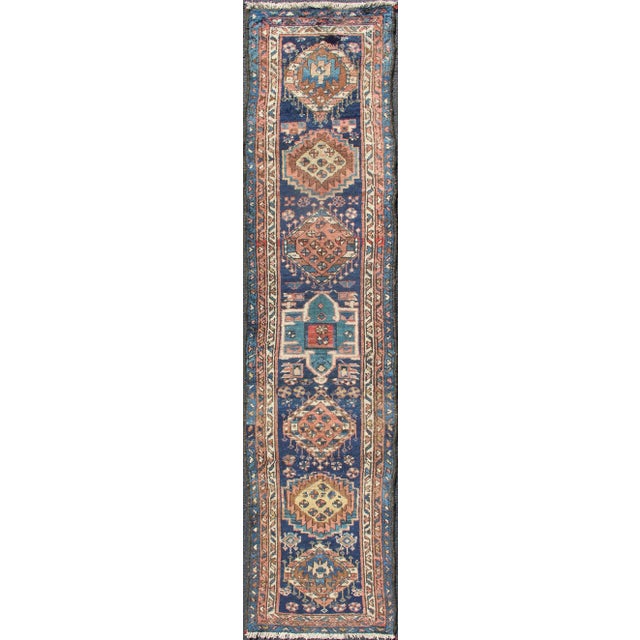 Colorful Persian Antique Karajeh Runner in Blue and Brown For Sale - Image 13 of 13