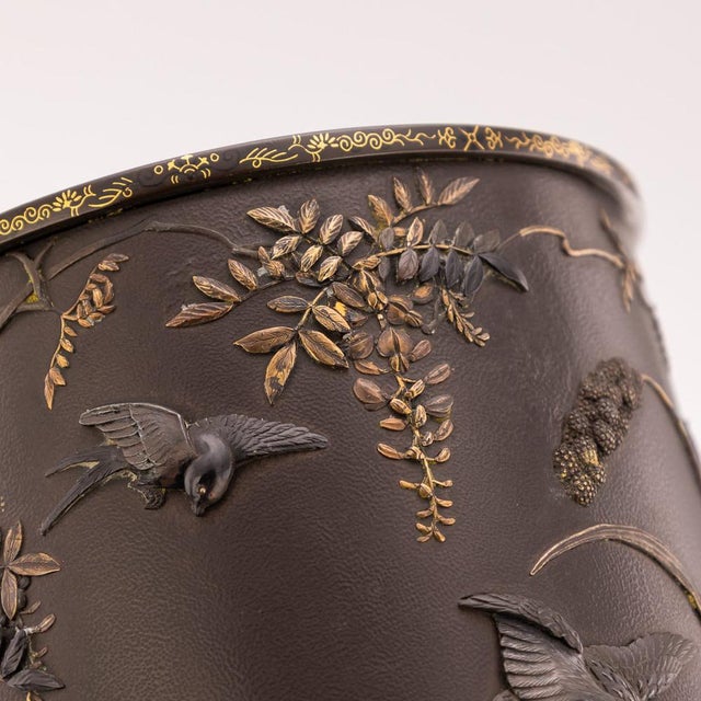 Antique Japanese Meiji Inlaid Bronze Cylindrical Brush Pots, 19th Century, Set of 2 For Sale - Image 14 of 18