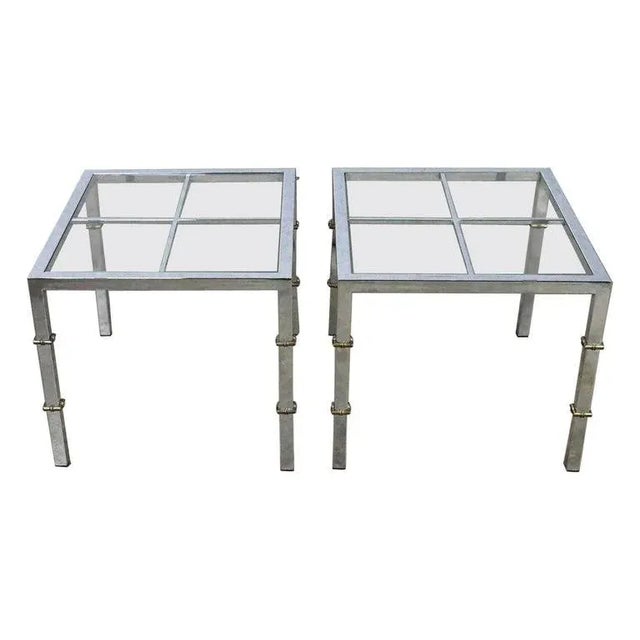 Hollywood Regency Chrome & Glass Square End Tables Brass Details a Pair Style of Maison Jansen For Sale - Image 16 of 16