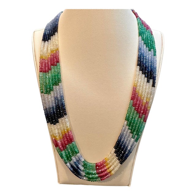 454 Carat 7 Layer Natural Emerald Ruby & Sapphire Bead Necklace Adjustable For Sale