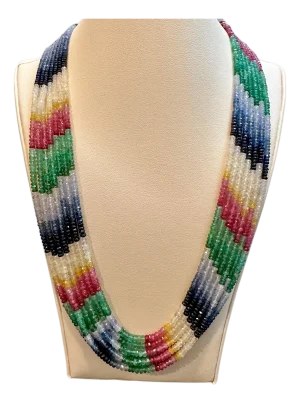 454 Carat 7 Layer Natural Emerald Ruby & Sapphire Bead Necklace Adjustable