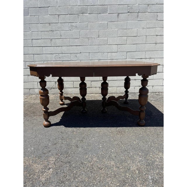 7pc Vintage Jacobean Dining Table Chairs Set Wood Kitchen Armchair For Sale - Image 4 of 10