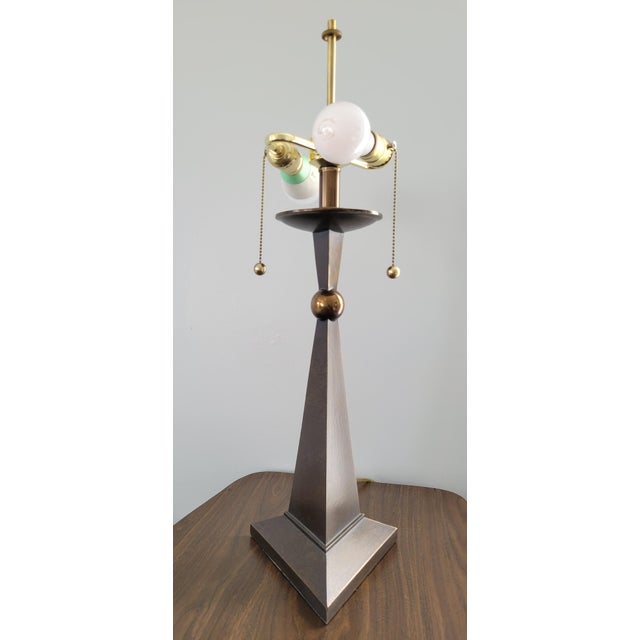 Metal Mid 20th Century Modern Patinated Bronze Pyramid and Brass Sphere Lamp With Pleated Linen Shade For Sale - Image 7 of 10