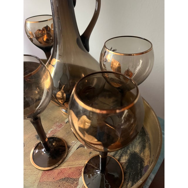 1960s Vintage Mid Century Smoky Grey Glass Pitcher/Decanter With 6 Matching Goblets - 7 pcs For Sale - Image 5 of 6