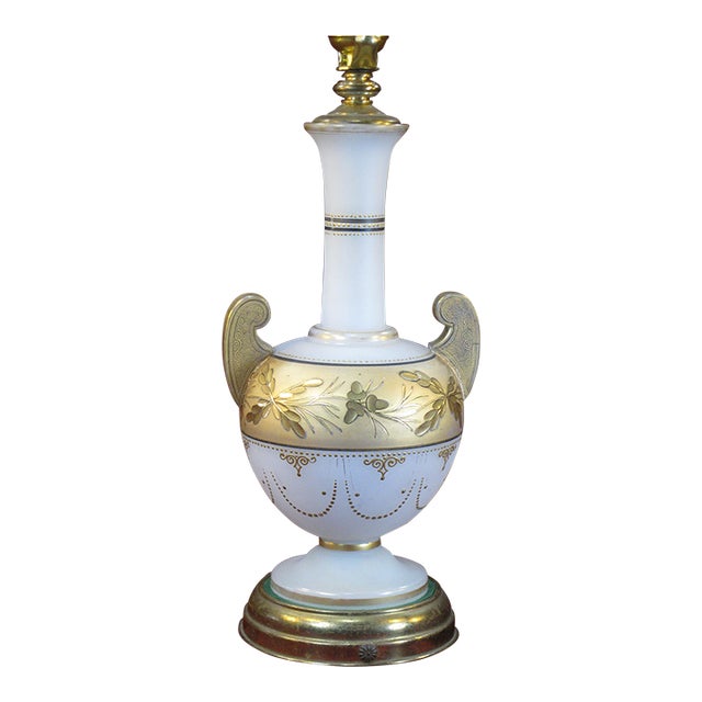 Table Lamp Glass Urn Vase Antique Bohemian Moser Gold Leaves For Sale
