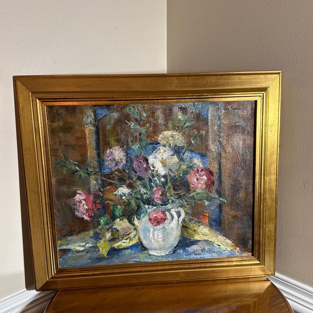 Textile Vintage 1950s Floral Oil Painting by Listed Artist Jean Spencer For Sale - Image 7 of 11