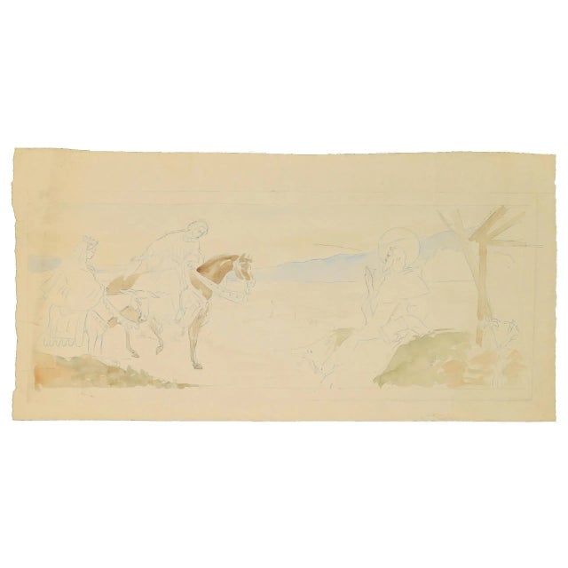 Marie and Joseph on Horseback is an original artwork realized by George Henri Tribout. Original unsigned watercolor...