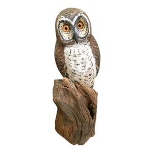 Vintage Life Size Boreal Owl on Tree Trunk Decoy by Val Waugh