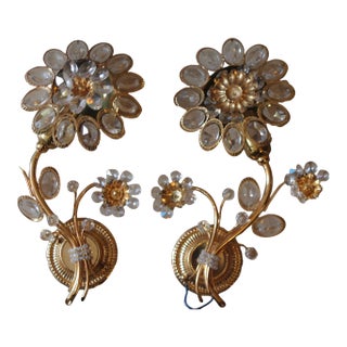 1960's Mid Century Modern 24k Gold Plate W/ Cut Crystal Blooming Flowers Wall Sconces by Palwa a - Pair For Sale