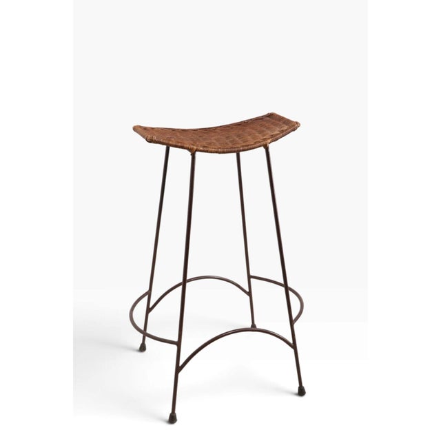 Set of Four Mid Century Wrought Iron and Wicker Bar Stools For Sale - Image 11 of 16