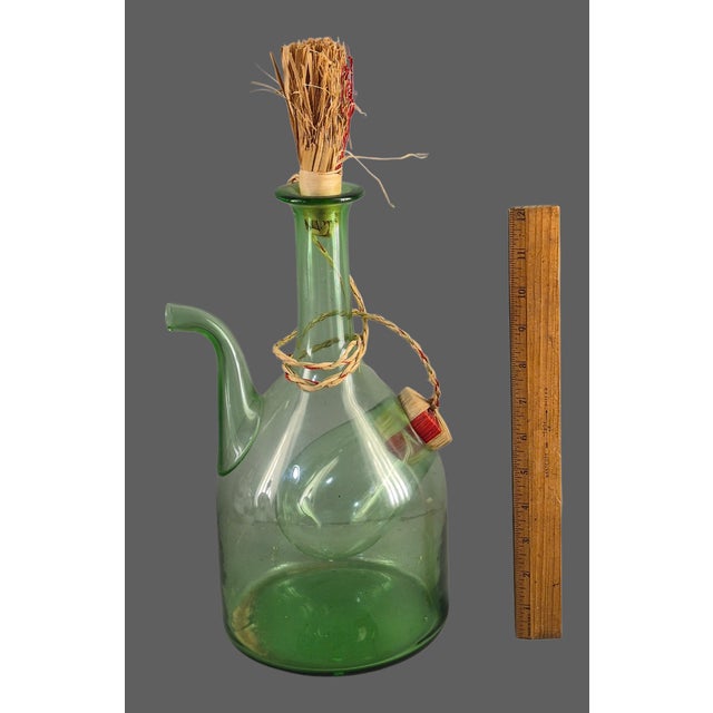 Mid 20th Century Vintage Hand Blown Italian Green Glass Wine Decanter Ice Chamber Raffia Stopper For Sale - Image 5 of 9