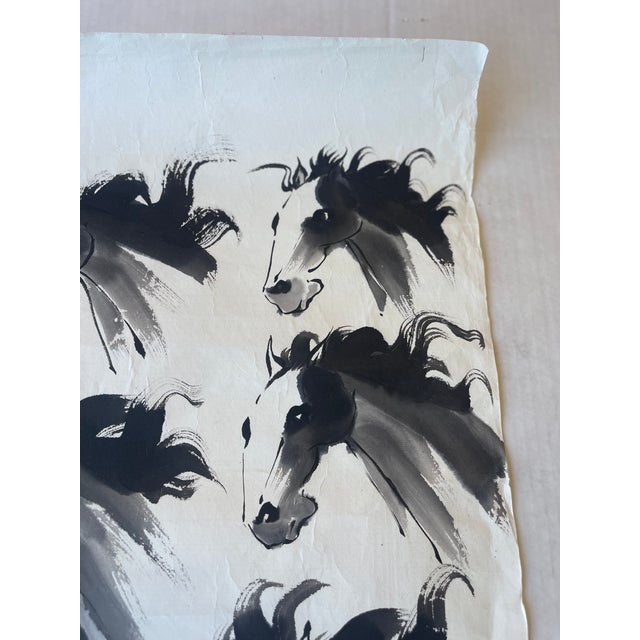 1970s Expressive Vintage Ink Horse Painting by j.p. Gaston in Asian Brush Style on Rice Paper. For Sale - Image 5 of 10