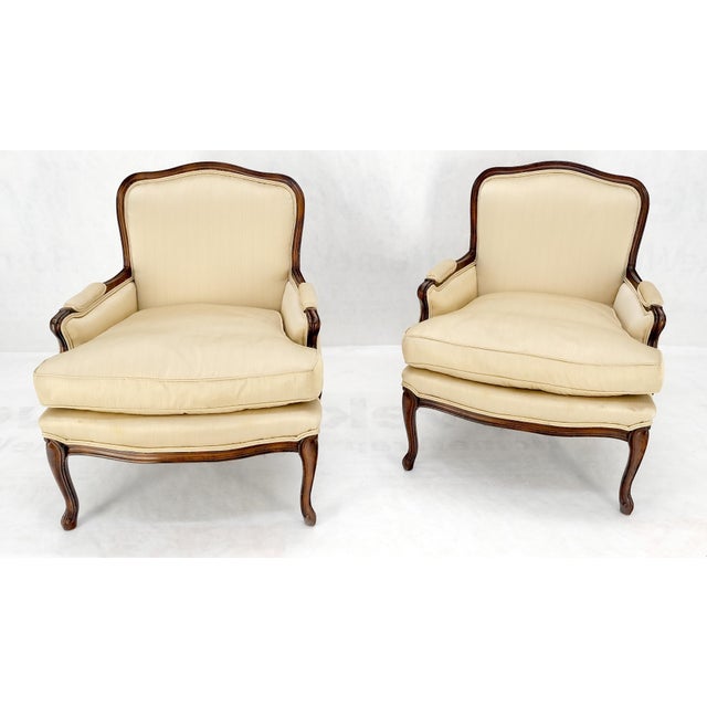 Down Filled Cushions Silk Like Upholstery Carved Legs French Lounge Chairs - A Pair For Sale - Image 10 of 12