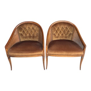 Mid 20th Century Vintage Mid Century Barrel Back Caned Chair With Tufted Mohair Upholstery - Set of 2 For Sale