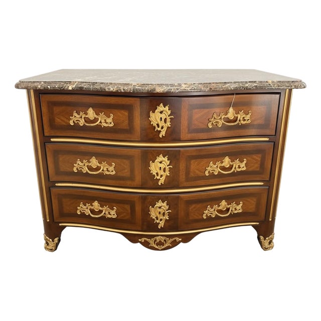 Ej Victor French Style Marble Top Walnut & Gilt Bronze Bombe Chest For Sale