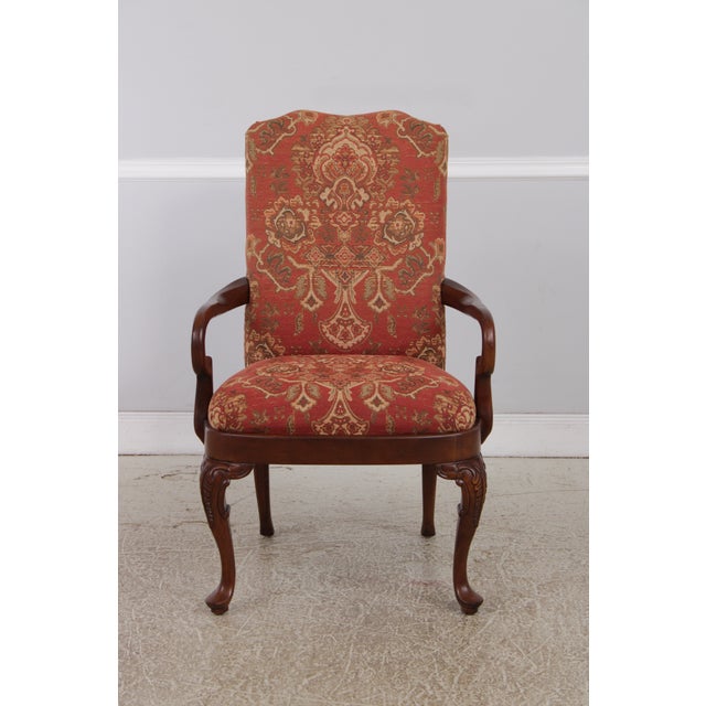 Queen Anne Pair of Henredon Mahogany Tapestry Upholstered Open Armchairs For Sale - Image 3 of 17
