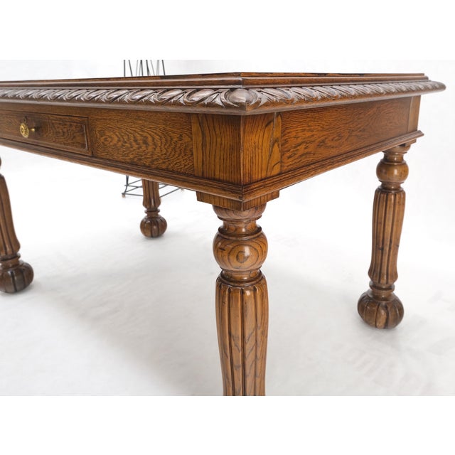 Mid-Century Modern Heavy Fluted Carved Oak Legs 1 Drawer Arts & Crafts Desk Writing Table Clean! For Sale - Image 3 of 17