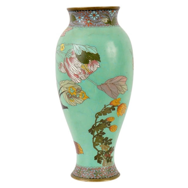 Metal Japanese Cloisonne Enamel Vase Meiji Period Green Ground Bird Floral For Sale - Image 7 of 7