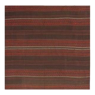 1950s Brown Field Geometric Stripe Vintage Turkish Decorative Kilim Square Rug For Sale