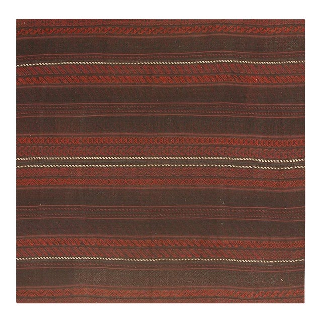1950s Brown Field Geometric Stripe Vintage Turkish Decorative Kilim Square Rug For Sale