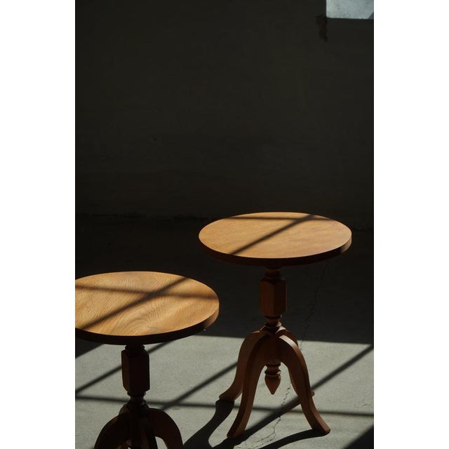 Scandinavian Oak Pedestal Side Tables with Curved Legs, 1960s, Set of 2 For Sale - Image 14 of 17