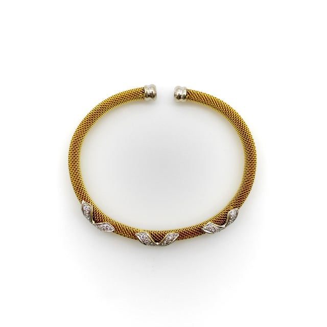 Modern Vintage 14k Gold Woven Cuff Bracelet With Diamond X Details For Sale - Image 3 of 11